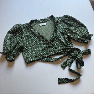 JOSA TULUM green diamond geo print batik jacquard vacation puff sleeve wrap crop